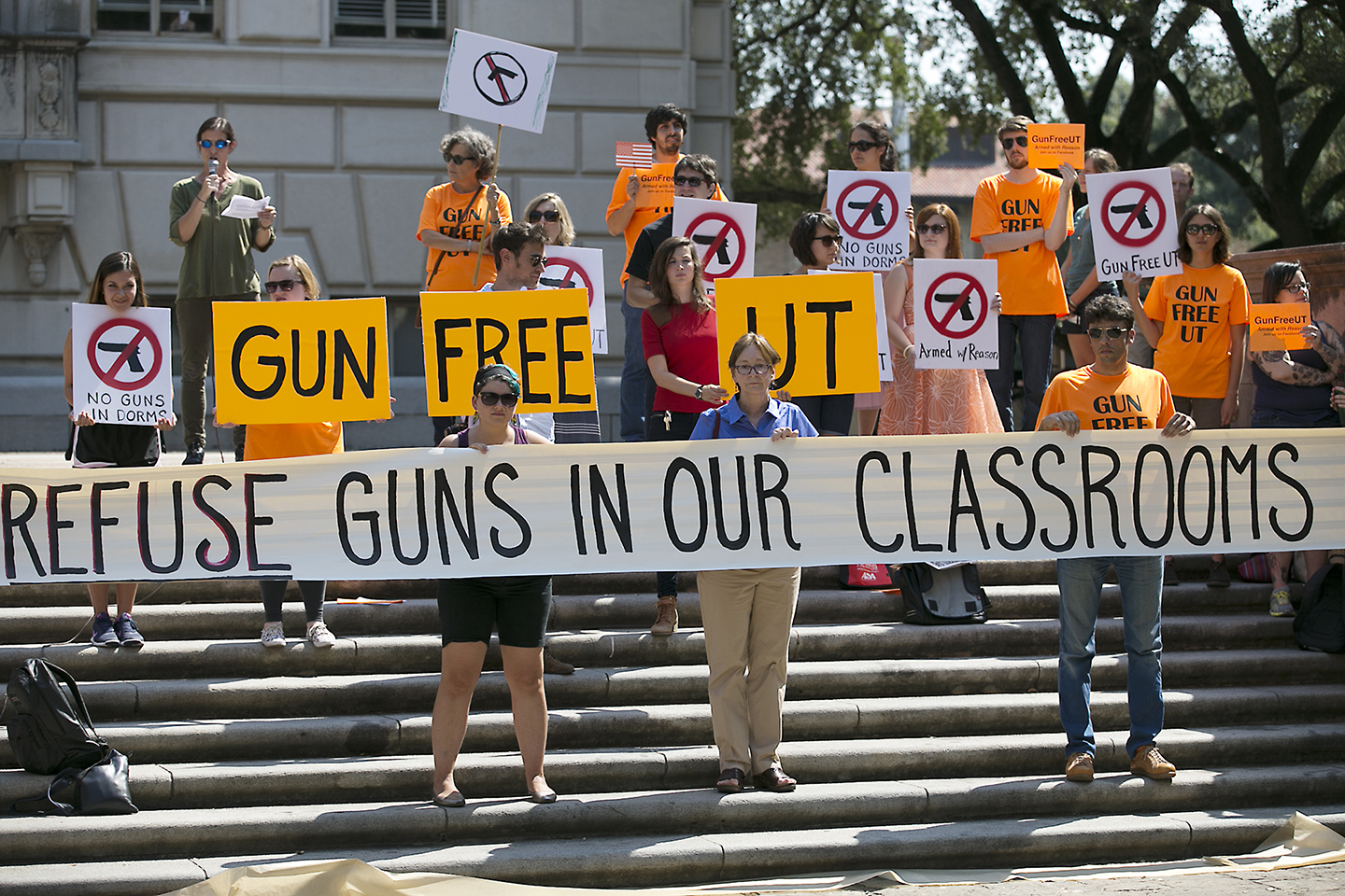 Protestors gathered on the West Mall of the University of Texas campus to oppose a new state law that expands the rights of concealed handgun license holders to carry their weapons on public college campuses and as of August 1, 2016, they can carry in campus buildings. Schools can however designate limited gun-free zones. RALPH BARRERA/ AMERICAN-STATESMAN